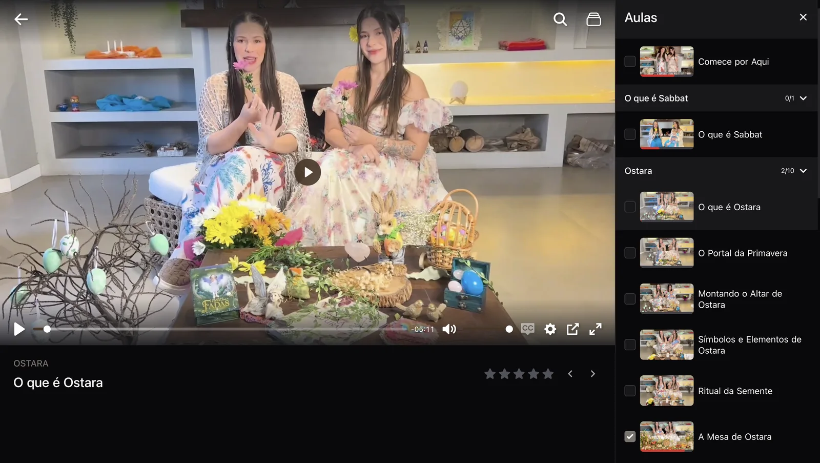 Vídeo-aula de Ostara no portal, com a lista de aulas do Sabbat